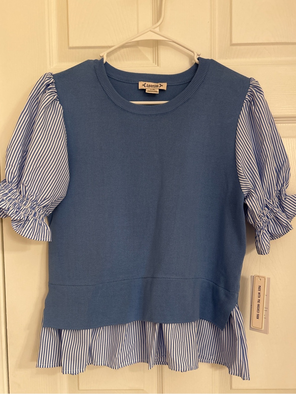 Nanette Lepore Blue Striped Puff-Sleeve Knit Top